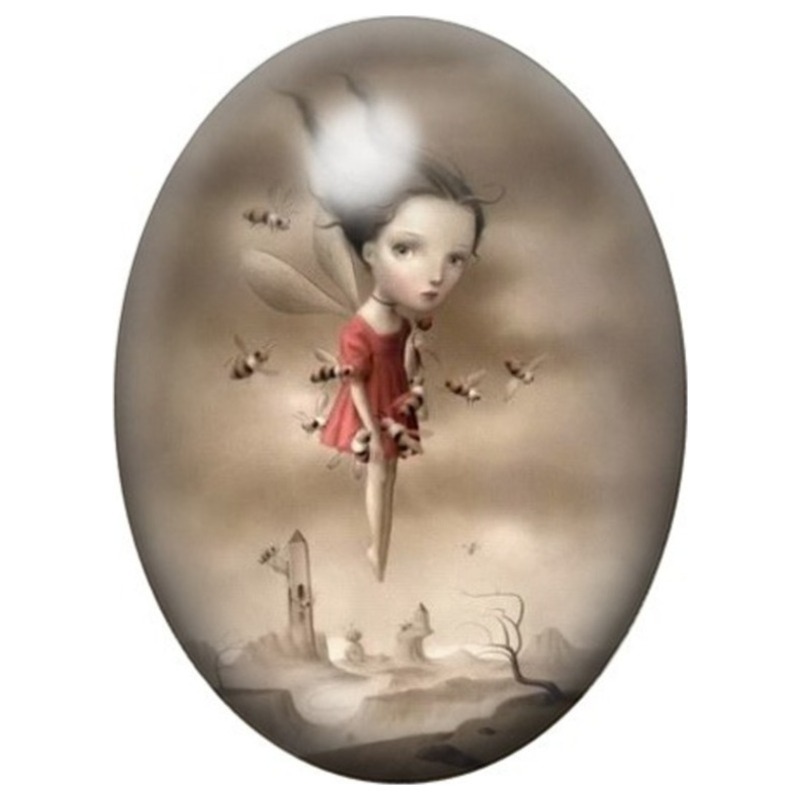 Cabochon en Verre Illustré Fée Rouge aux Insectes 13x18, 18x25 ou 30x40mm