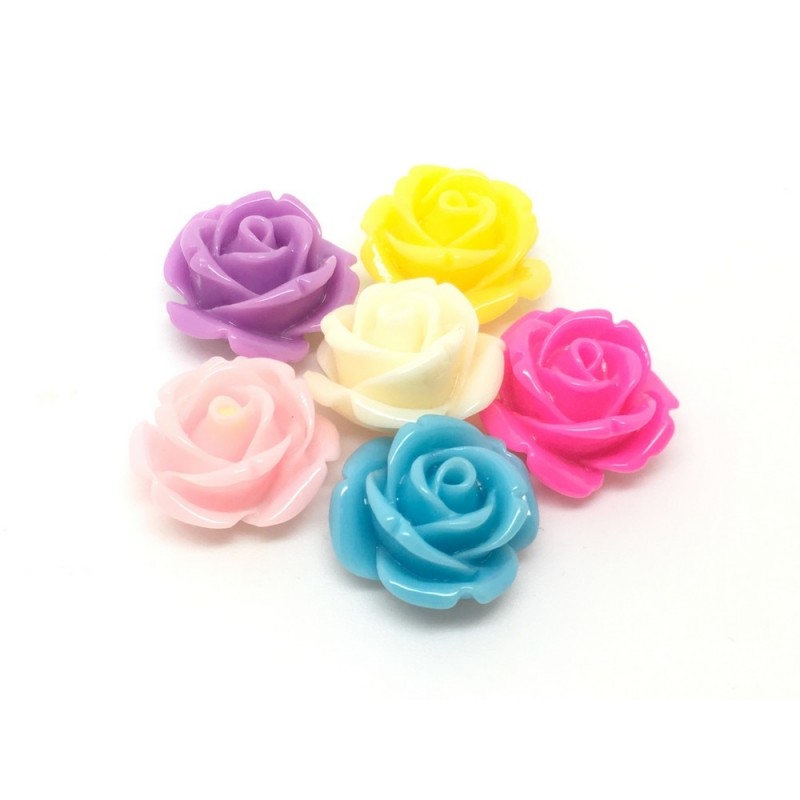 10 Cabochons Fleur Rose en Résine Multicolore 14mm