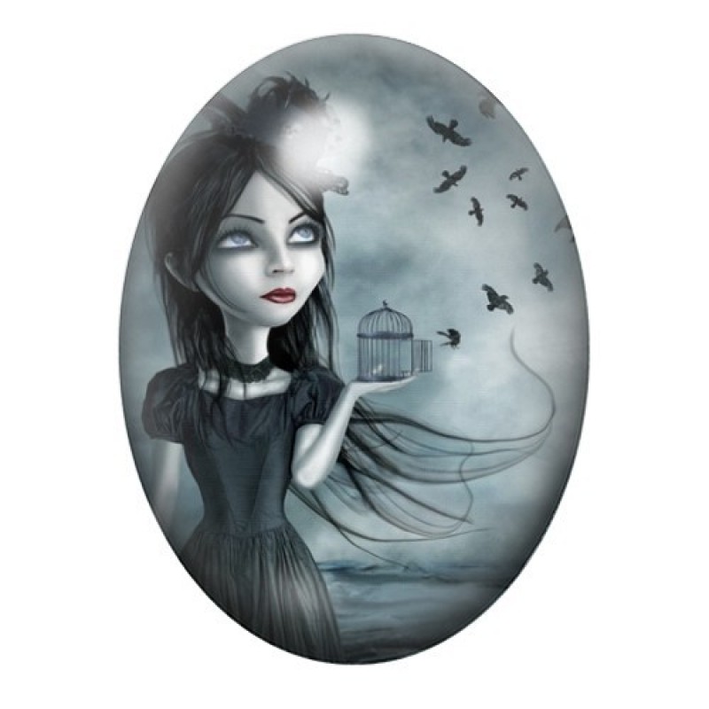 Cabochon en Verre Illustré Petite Fille Cage Oiseau Corbeau Gothique 13x18, 18x25 ou 30x40mm