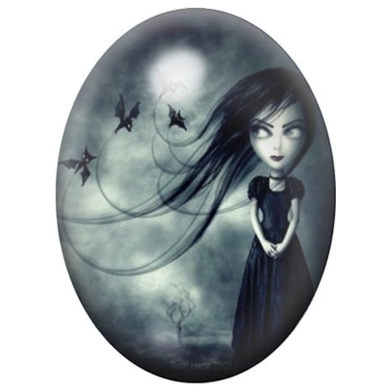 Cabochon en Verre Illustré Fille Gothique aux Chauves-Souris 13x18, 18x25 ou 30x40mm