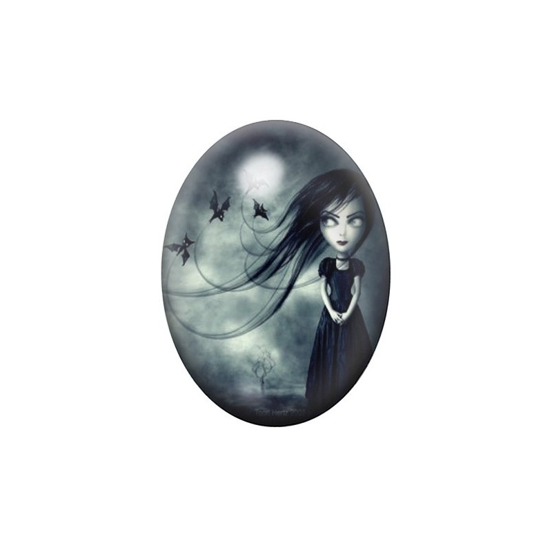 Cabochon en Verre Illustré Petite Fille Chauve-souris Gothique 13x18, 18x25 ou 30x40mm