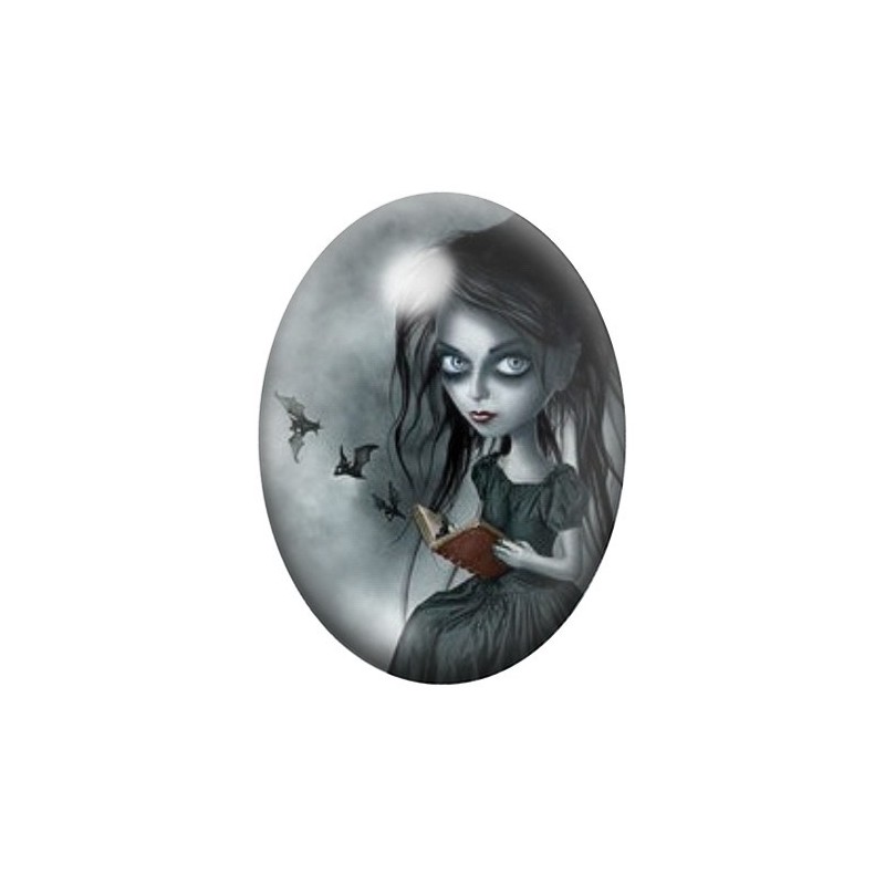 Cabochon en Verre Illustré Petite Fille Chauve-souris Gothique 13x18, 18x25 ou 30x40mm