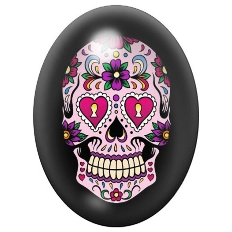 Cabochon en Verre Illustré Calavera Rose aux Yeux en Cœur 13x18, 18x25 ou 30x40mm