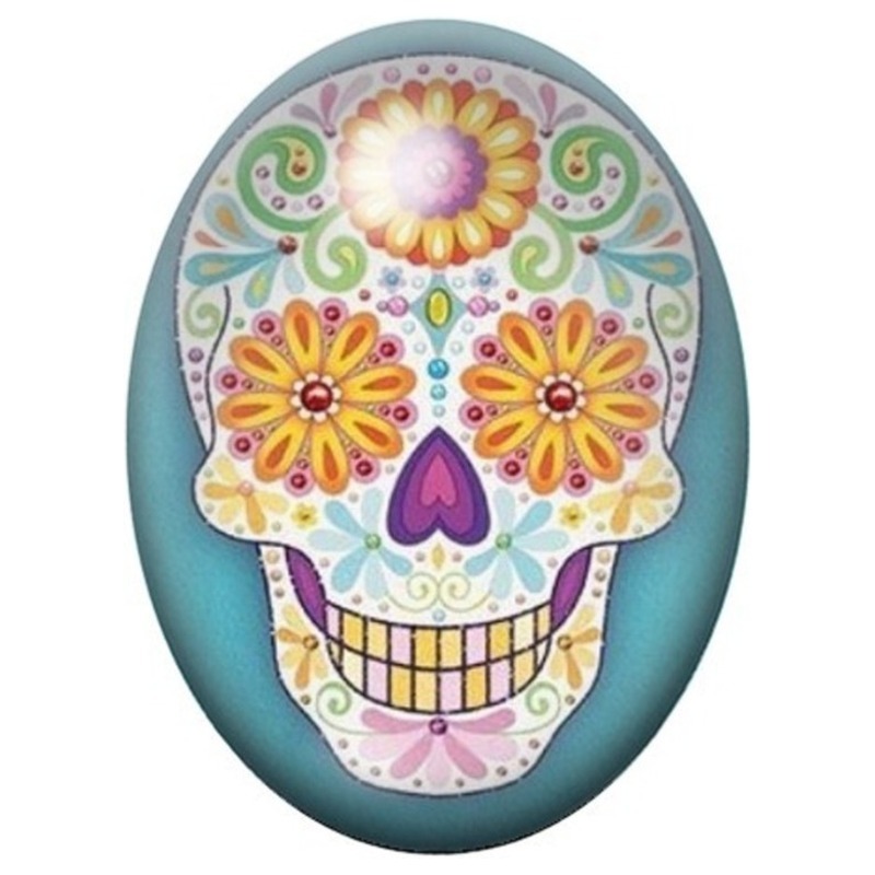 Cabochon en Verre Illustré Calavera Pastel aux Fleurs Orange 13x18, 18x25 ou 30x40mm