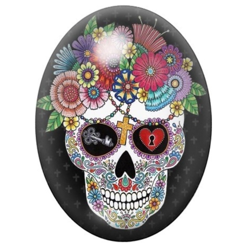 Cabochon en Verre Illustré Calavera à la Couronne de Fleurs 13x18, 18x25 ou 30x40mm