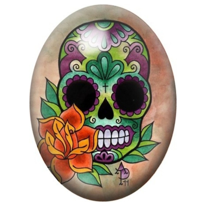 Cabochon en Verre Illustré Calavera Verte aux Roses Orange 13x18, 18x25 ou 30x40mm