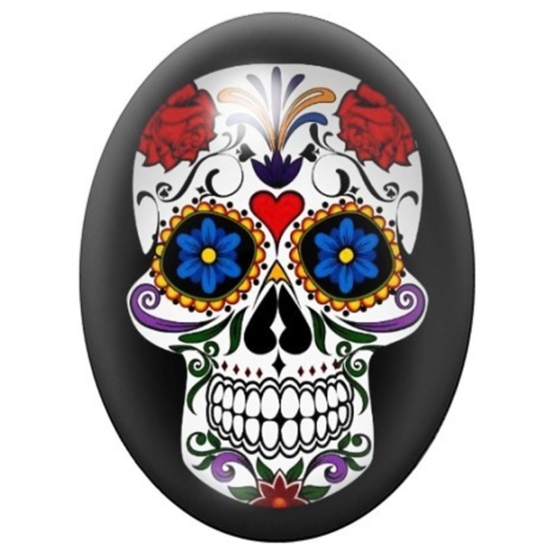 Cabochon en Verre Illustré Calavera Roses Rouges et Fleurs Bleues 13x18, 18x25 ou 30x40mm