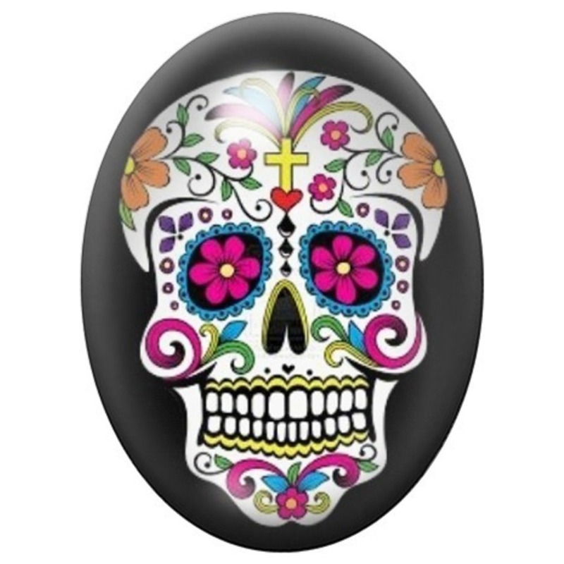 Cabochon en Verre Illustré Calavera Fleurie sur Fond Noir 13x18, 18x25 ou 30x40mm
