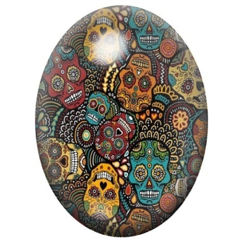 Cabochon en Verre Illustré Mosaïque de Calaveras aux Tons Chauds 13x18, 18x25 ou 30x40mm