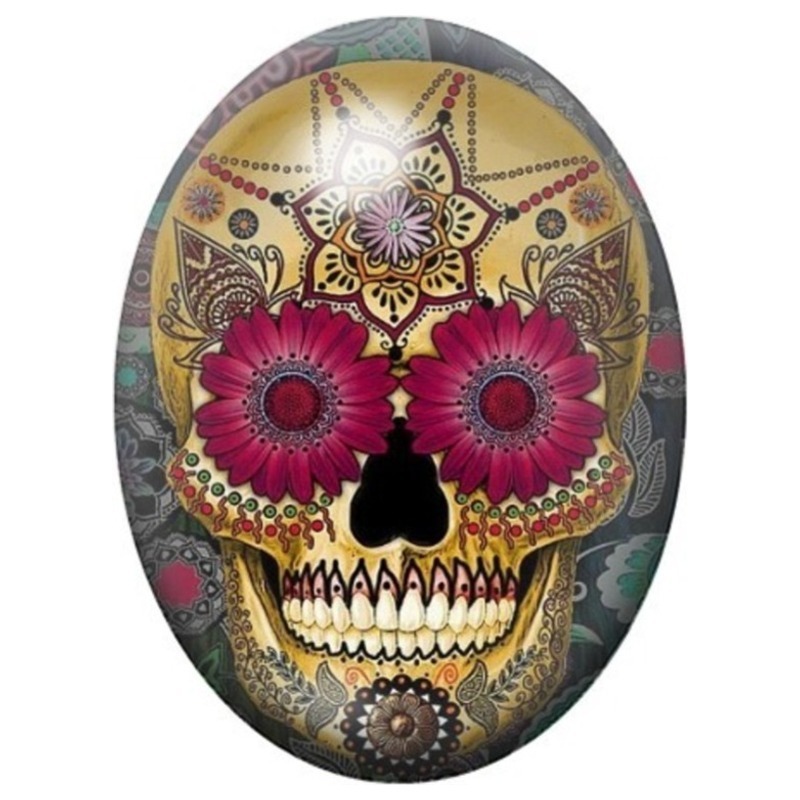 Cabochon en Verre Illustré Calavera aux Fleurs Rouges et Papillons 13x18, 18x25 ou 30x40mm