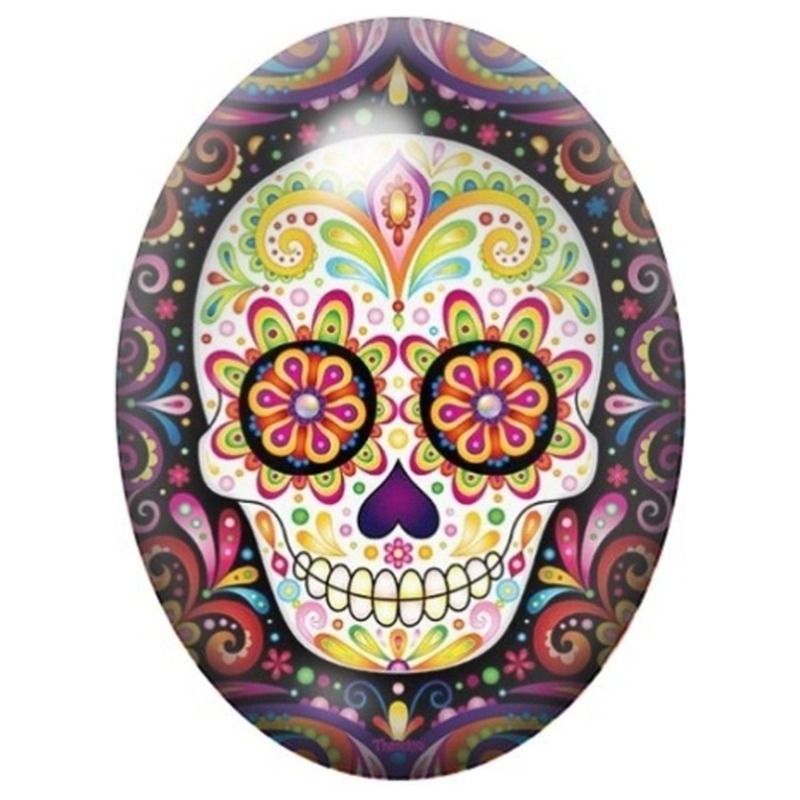 Cabochon en Verre Illustré Calavera aux Rosaces Rose et Orange 13x18, 18x25 ou 30x40mm