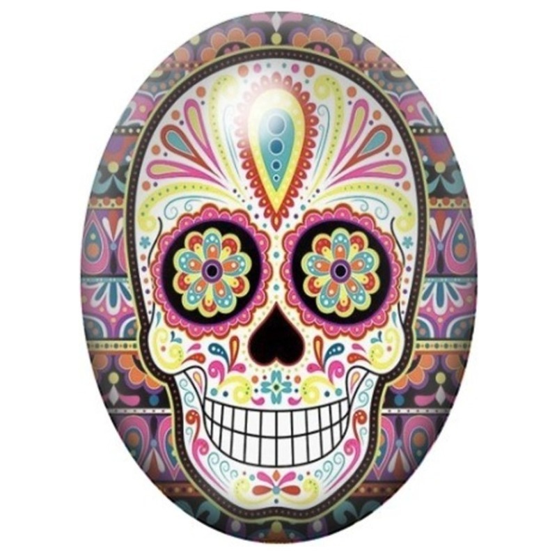 Cabochon en Verre Illustré Calavera Pastel à la Coiffe Rayonnante 13x18, 18x25 ou 30x40mm