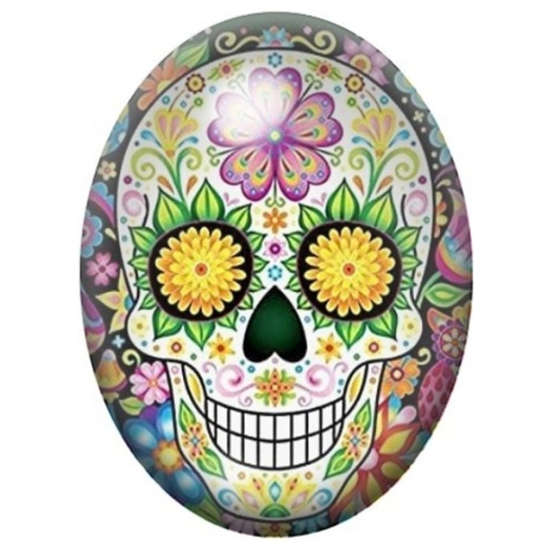 Cabochon en Verre Illustré Calavera Tournesols et Feuillage Vert 13x18, 18x25 ou 30x40mm