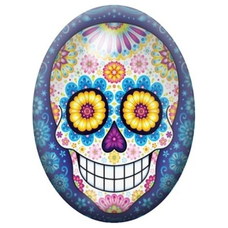 Cabochon en Verre Illustré Calavera Bleue aux Fleurs Jaunes 13x18, 18x25 ou 30x40mm