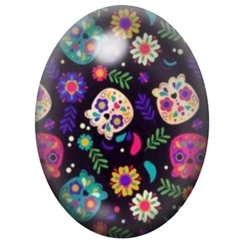 Cabochon en Verre Illustré Nuit de Calaveras et Fleurs Pop 13x18, 18x25 ou 30x40mm