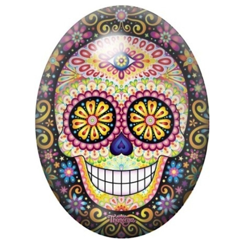 Cabochon en Verre Illustré Calavera Baroque aux Fleurs Jaunes 13x18, 18x25 ou 30x40mm