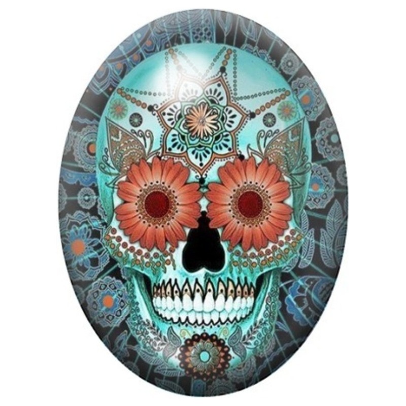 Cabochon en Verre Illustré Calavera Dentelle aux Fleurs Rouges 13x18, 18x25 ou 30x40mm