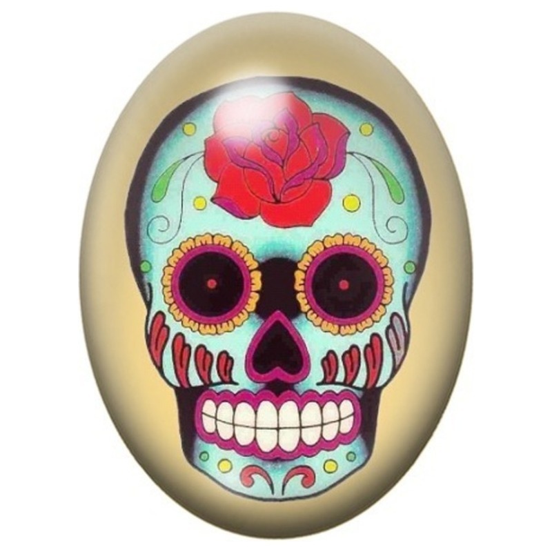 Cabochon en Verre Illustré Calavera à la Rose Rouge sur Fond Jaune 13x18, 18x25 ou 30x40mm