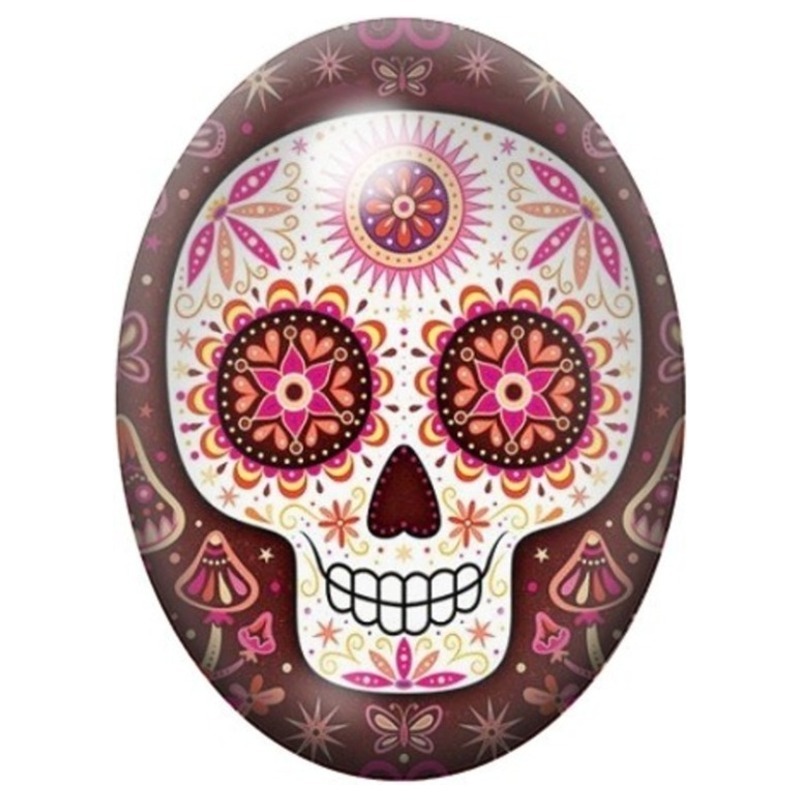 Cabochon en Verre Illustré Calavera aux Rosaces Bordeaux 13x18, 18x25 ou 30x40mm