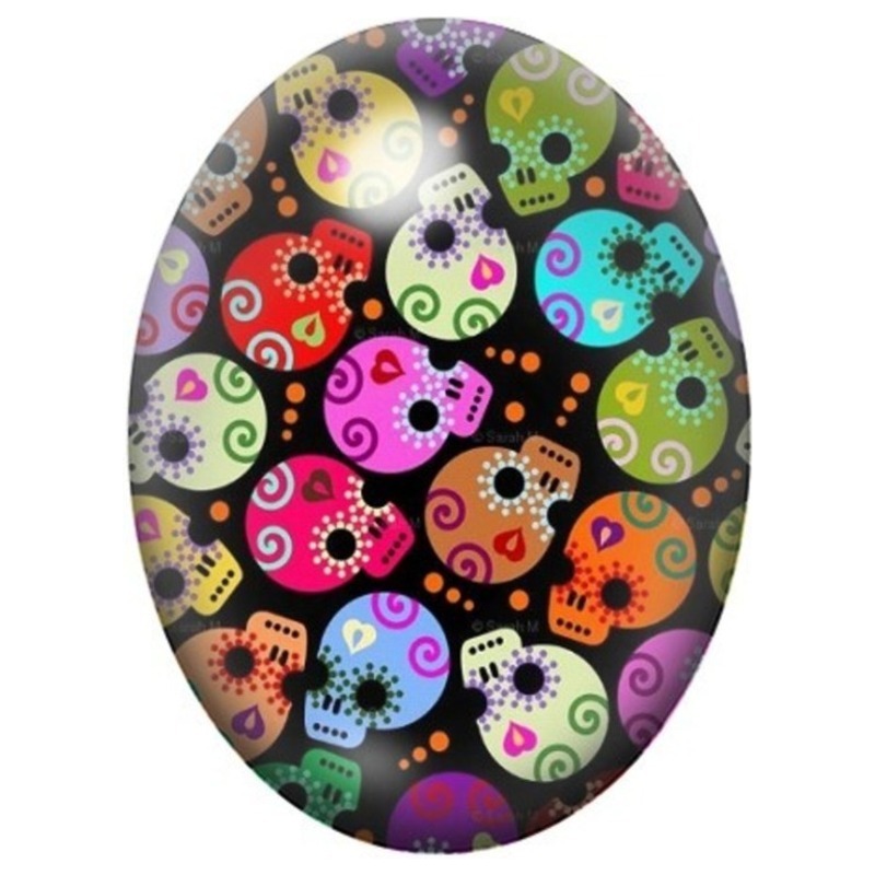 Cabochon en Verre Illustré Pluie de Petites Calaveras Pop 13x18, 18x25 ou 30x40mm