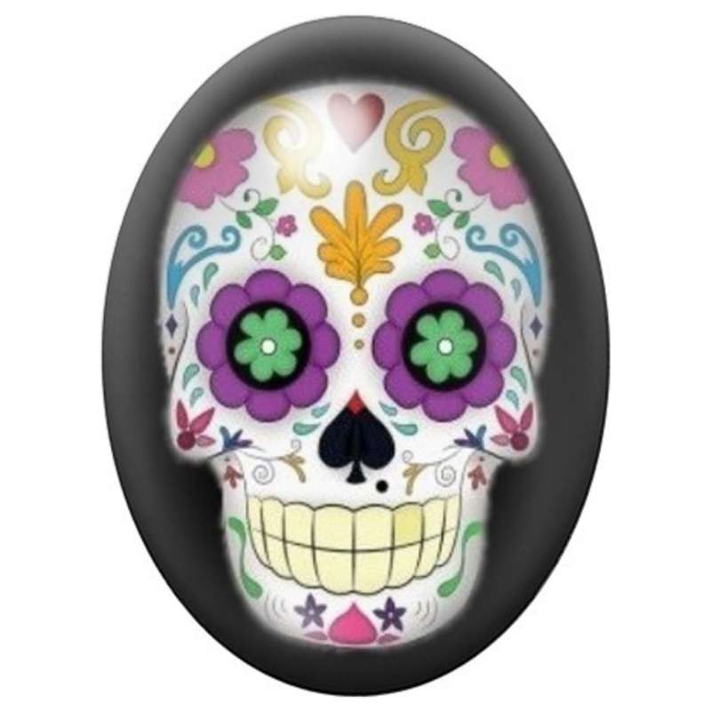 Cabochon en Verre Illustré Calavera aux Fleurs Vertes sur Noir 13x18, 18x25 ou 30x40mm