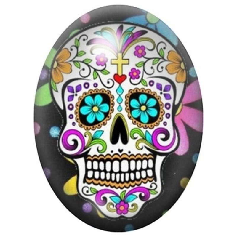 Cabochon en Verre Illustré Calavera Croix et Fleurs Bleues 13x18, 18x25 ou 30x40mm