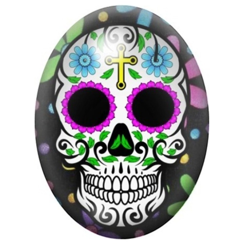 Cabochon en Verre Illustré Calavera à la Croix Jaune et Yeux Noirs 13x18, 18x25 ou 30x40mm