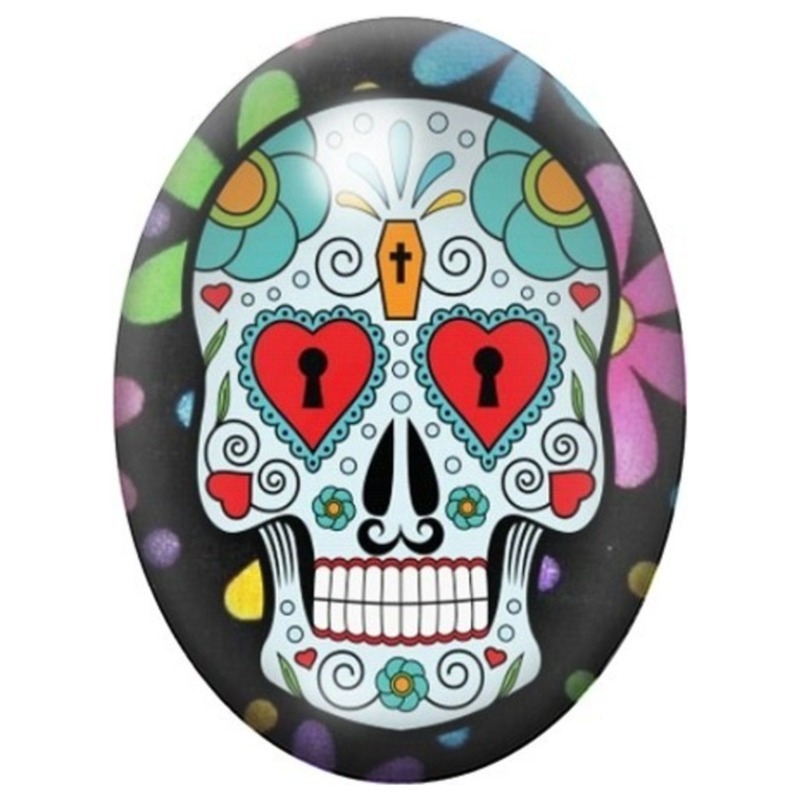 Cabochon en Verre Illustré Calavera aux Cœurs Rouges et Serrures 13x18, 18x25 ou 30x40mm