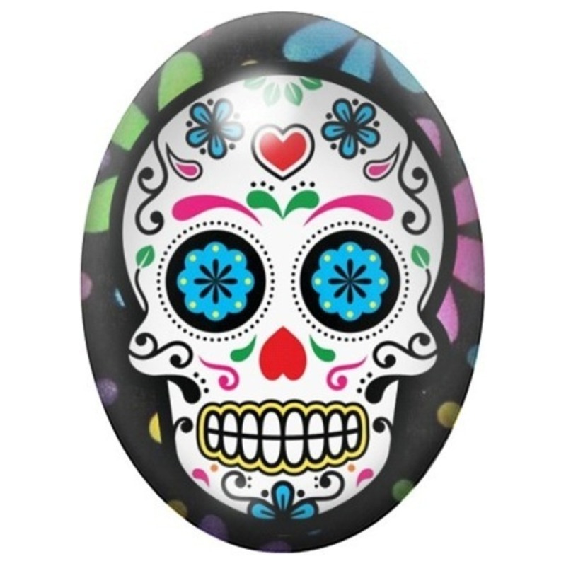 Cabochon en Verre Illustré Calavera au Cœur Rouge et Yeux Bleus 13x18, 18x25 ou 30x40mm