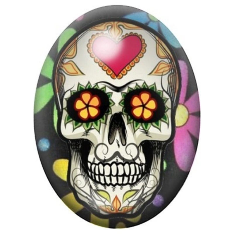 Cabochon en Verre Illustré Calavera Cœur Rose et Fleurs Solaires 13x18, 18x25 ou 30x40mm