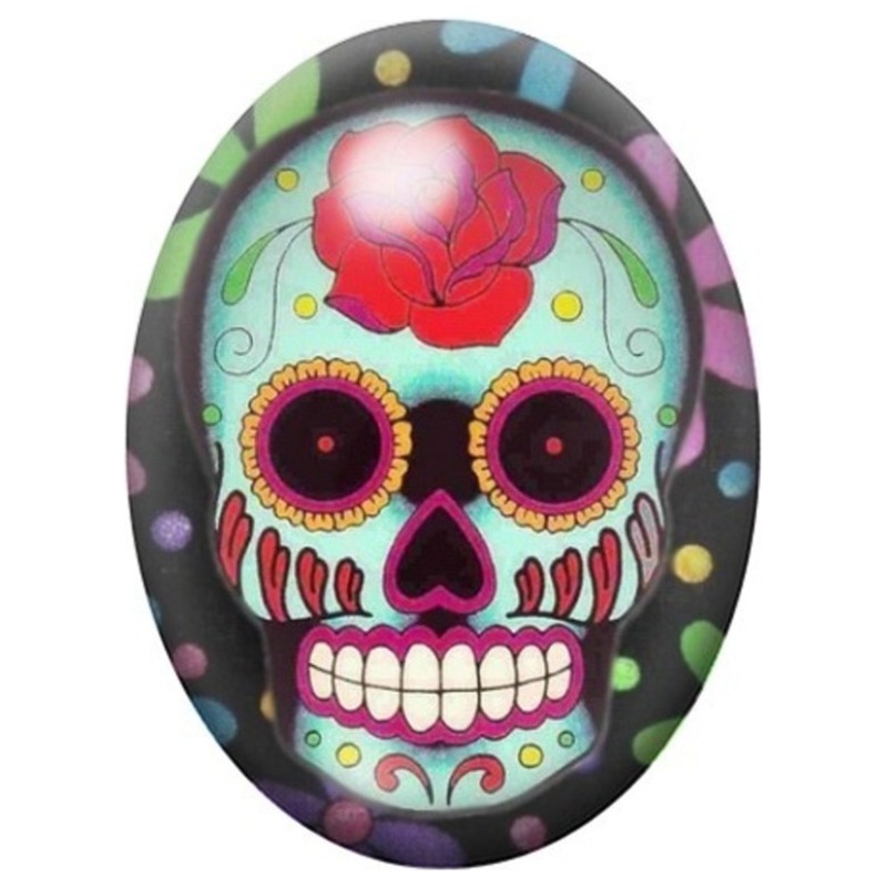 Cabochon en Verre Illustré Calavera à la Rose Rouge 13x18, 18x25 ou 30x40mm