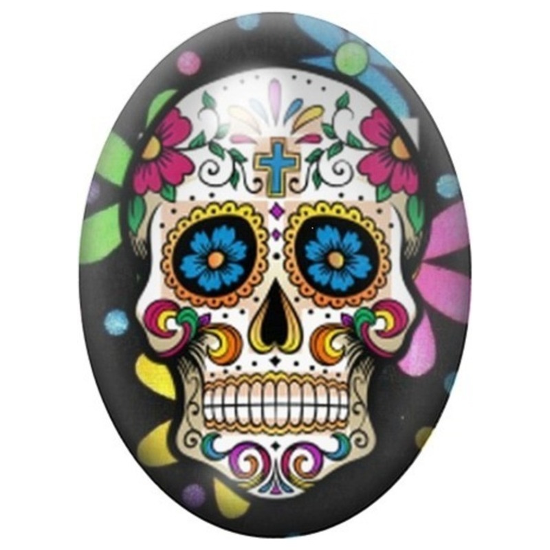 Cabochon en Verre Illustré Calavera Fleurs Bleues sur Noir 13x18, 18x25 ou 30x40mm