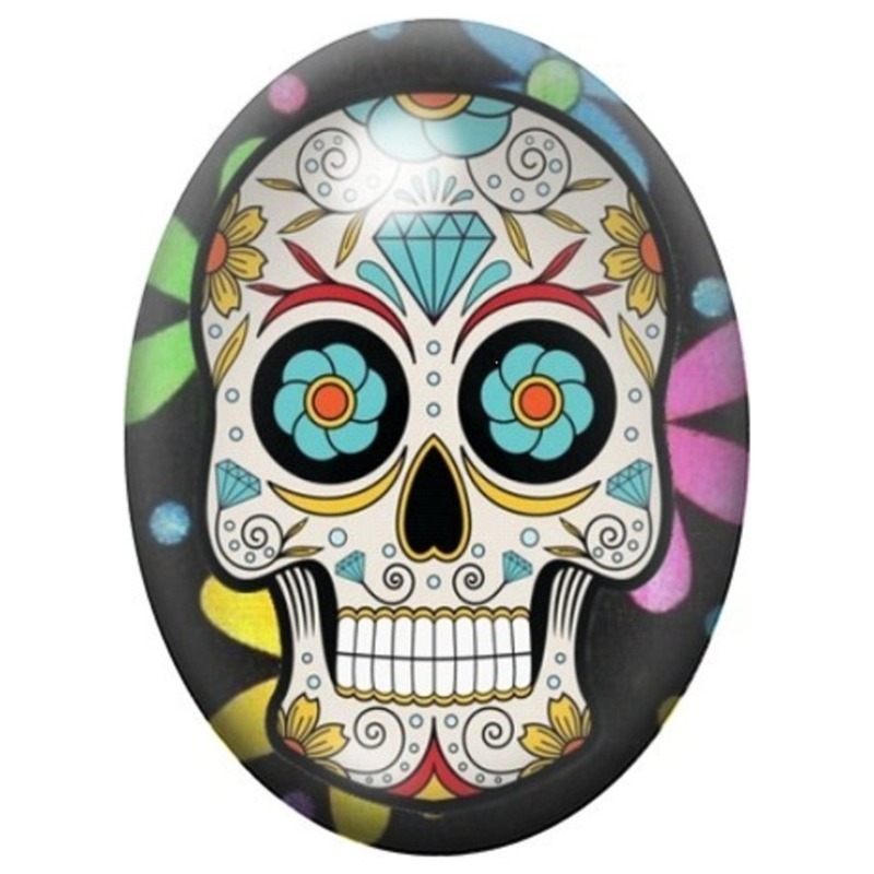 Cabochon en Verre Illustré Calavera au Diamant et Yeux Turquoise 13x18, 18x25 ou 30x40mm
