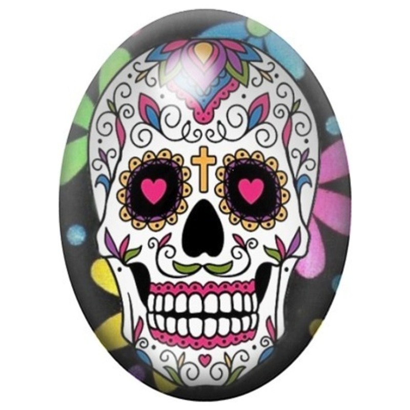 Cabochon en Verre Illustré Calavera Cœurs Roses et Croix 13x18, 18x25 ou 30x40mm
