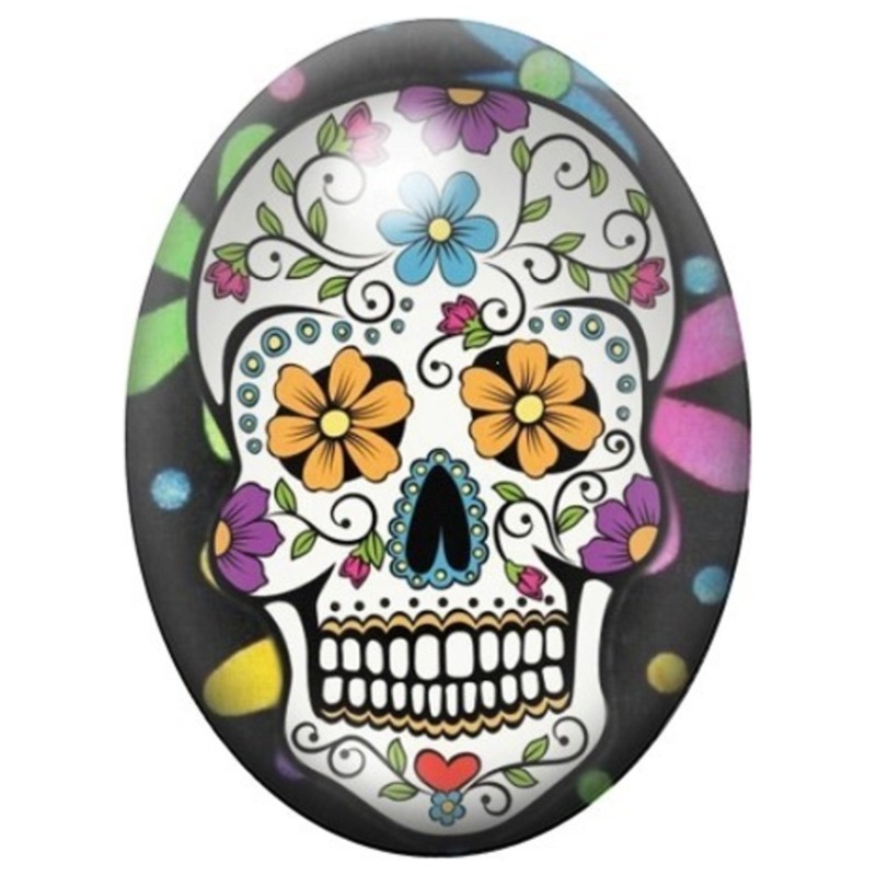Cabochon en Verre Illustré Calavera aux Fleurs Bleues et Jaunes 13x18, 18x25 ou 30x40mm