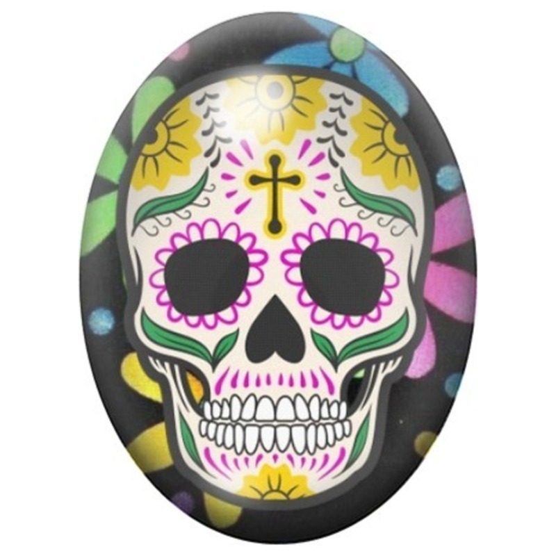 Cabochon en Verre Illustré Calavera à la Croix et aux Yeux Violets 13x18, 18x25 ou 30x40mm