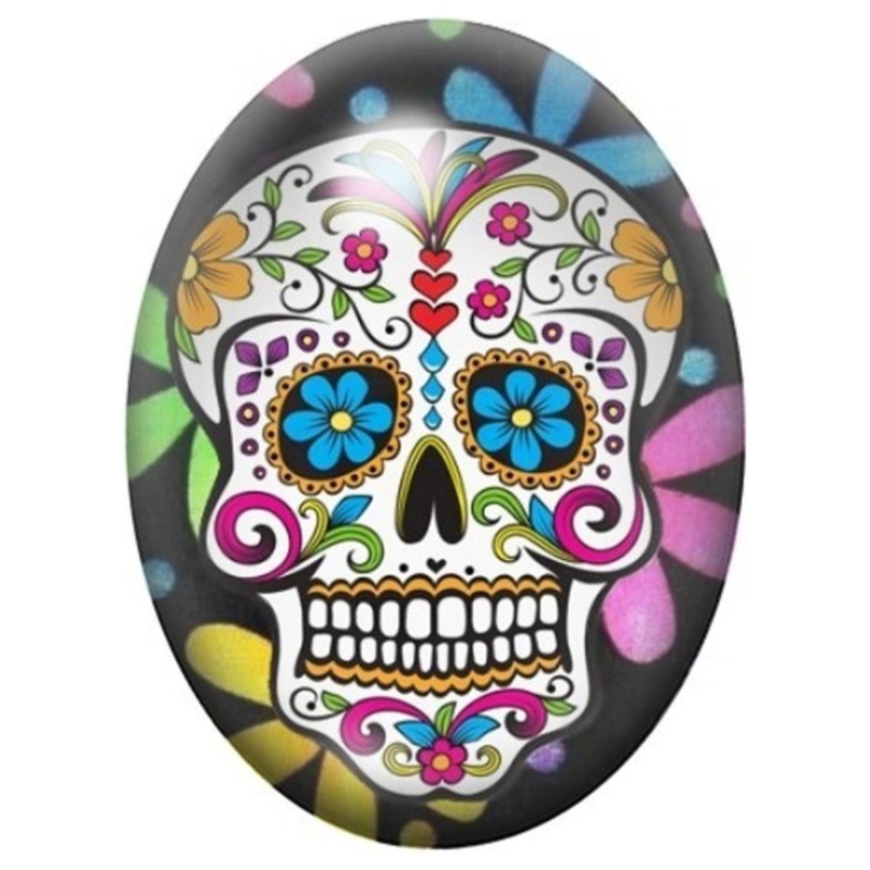 Cabochon en Verre Illustré Calavera aux Yeux Bleus et Petits Cœurs 13x18, 18x25 ou 30x40mm