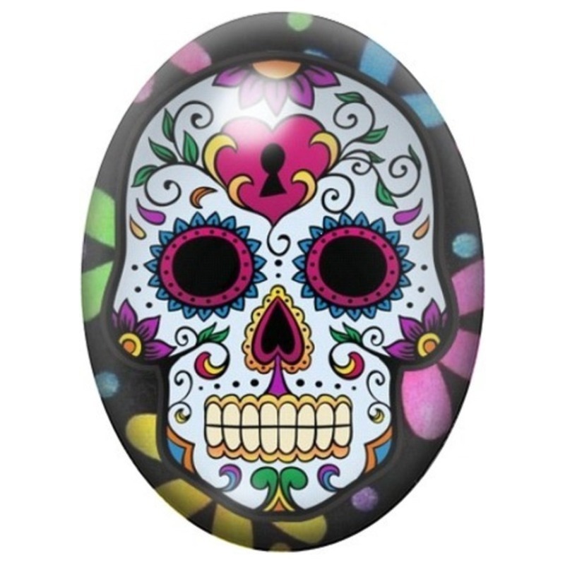 Cabochon en Verre Illustré Calavera au Trèfle et Yeux Pourpres 13x18, 18x25 ou 30x40mm
