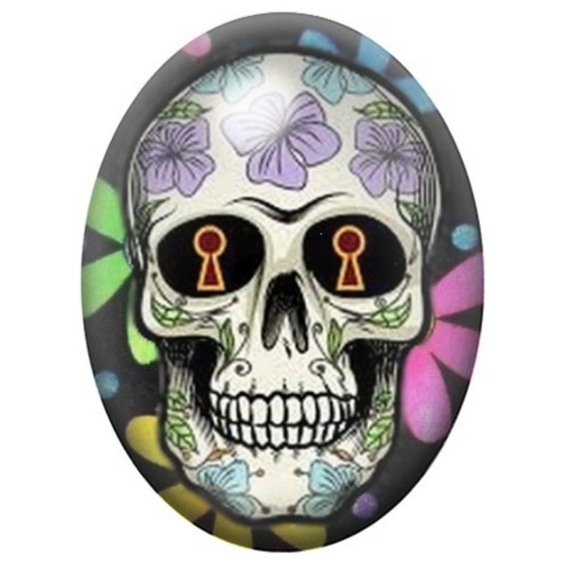 Cabochon en Verre Illustré Calavera aux Papillons et Yeux Serrures 13x18, 18x25 ou 30x40mm