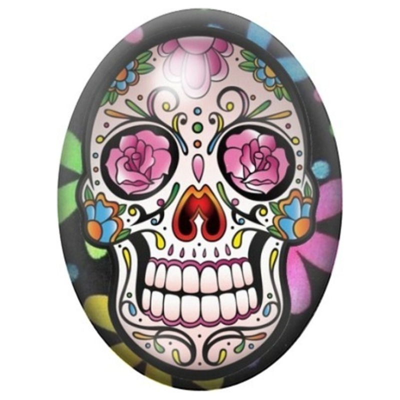Cabochon en Verre Illustré Calavera aux Roses Roses et Nez Rouge 13x18, 18x25 ou 30x40mm
