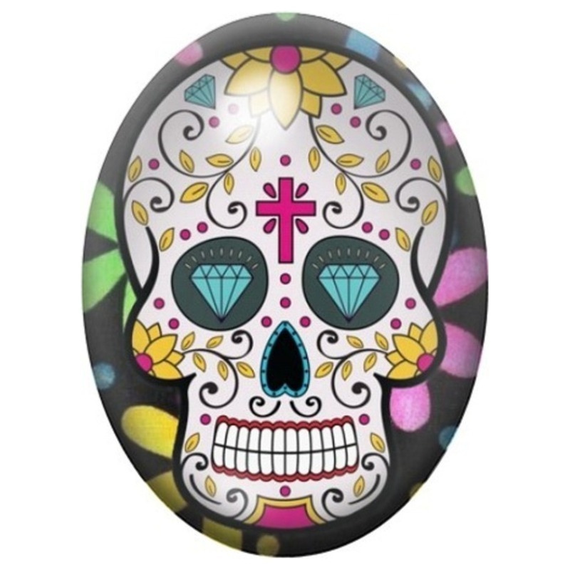 Cabochon en Verre Illustré Calavera Croix Rose et Yeux Turquoise 13x18, 18x25 ou 30x40mm