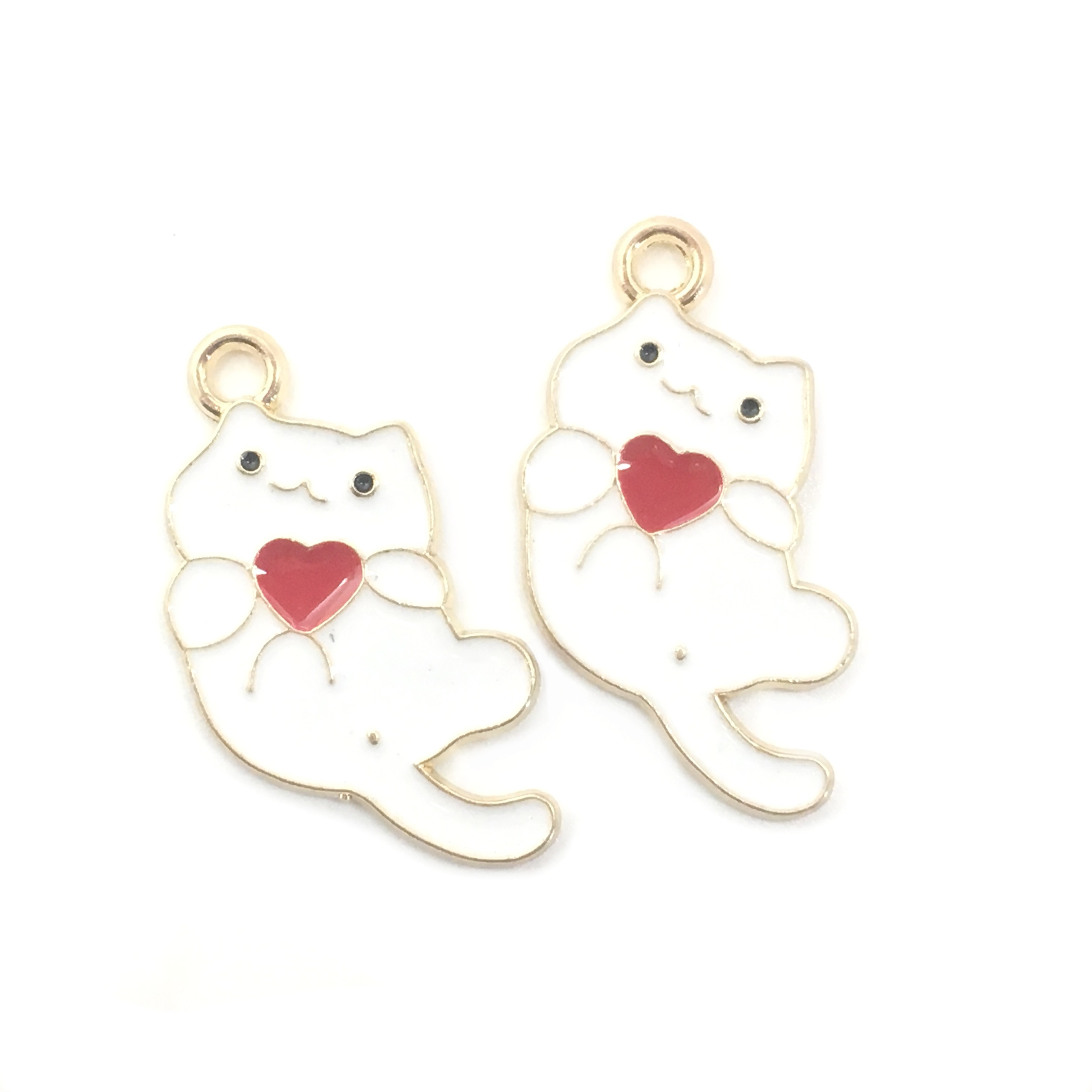 2 Breloques Chat Coeur en Émail Blanc Métal Doré 16x30mm