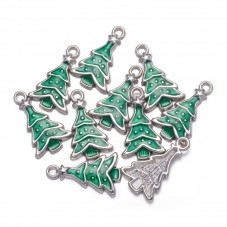 4 Breloques Sapin de Noël Métal Argenté en Émail Vert 23x14mm