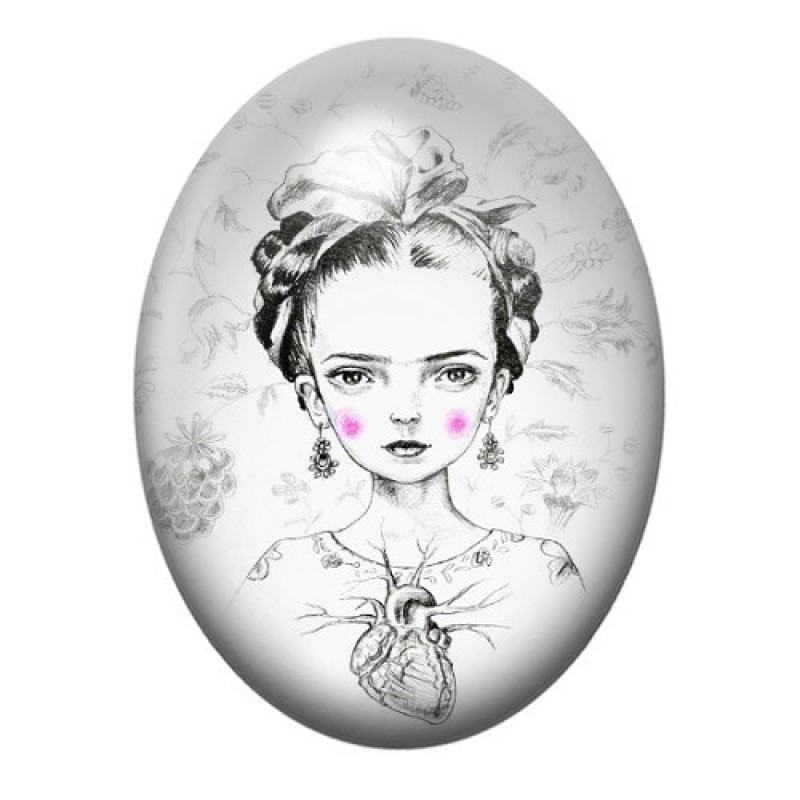 Cabochon en Verre Illustré Frida Kahlo au Cœur Anatomique 13x18, 18x25 ou 30x40mm