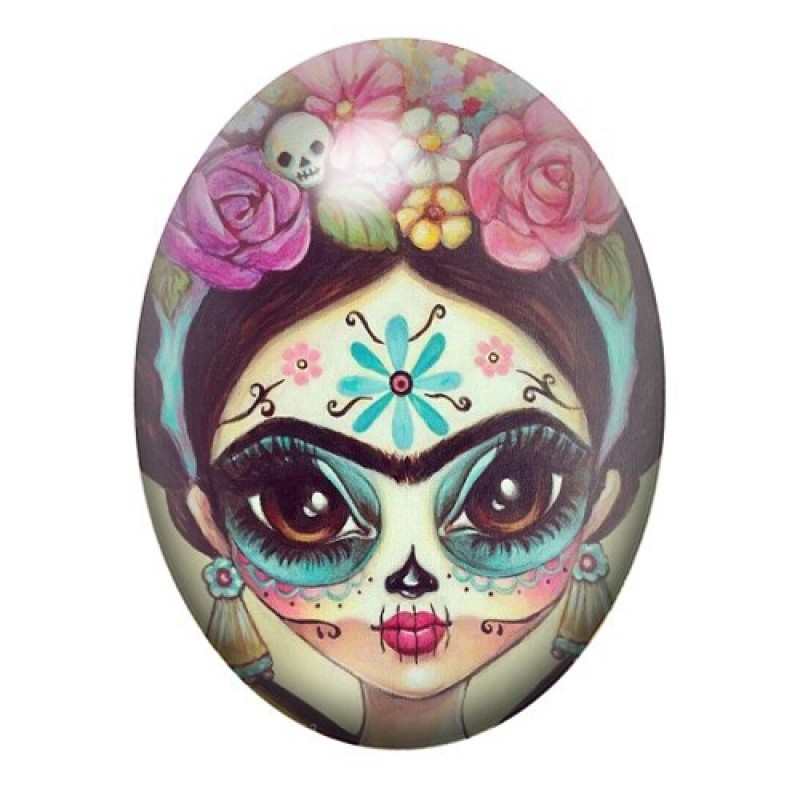 Cabochon en Verre Illustré Frida Kahlo Cavalera Jour des Morts Gothique 13x18, 18x25 ou 30x40mm