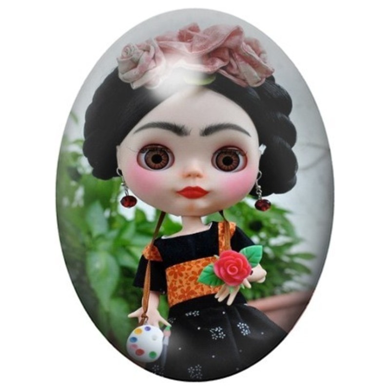 Cabochon en Verre Illustré Poupée Frida Kahlo au Bouquet 13x18, 18x25 ou 30x40mm