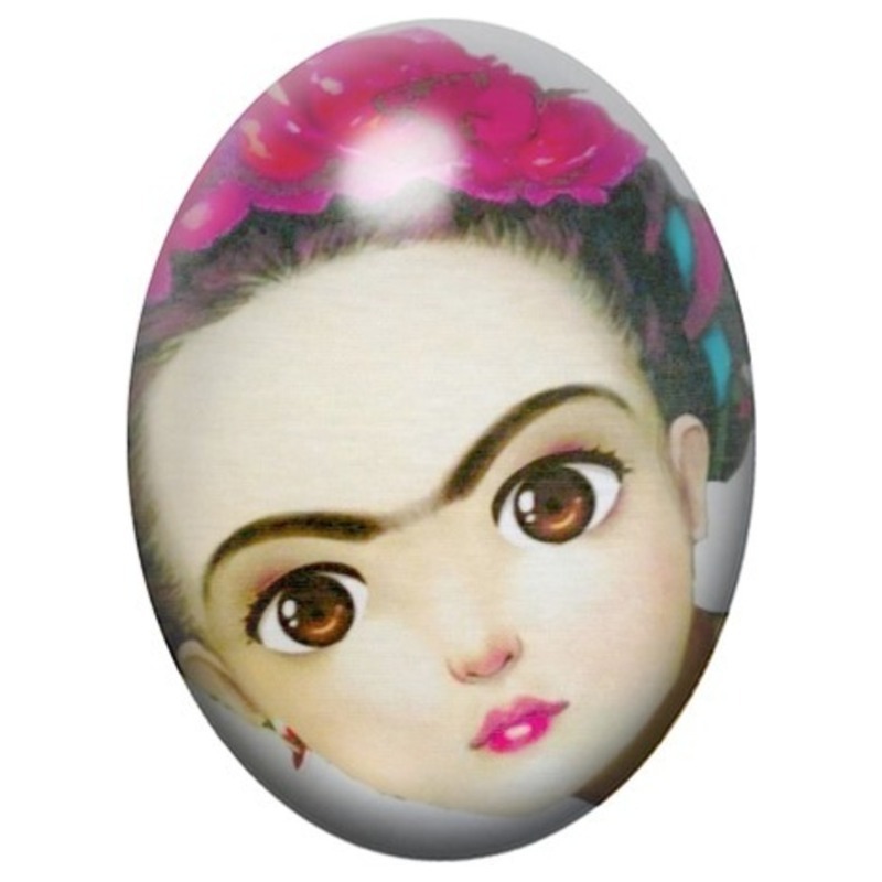 Cabochon en Verre Illustré Visage de Frida Kahlo aux Fleurs Roses 13x18, 18x25 ou 30x40mm