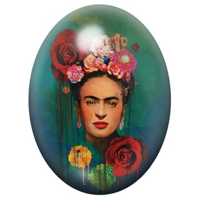 Cabochon en Verre Illustré Frida Kahlo aux Roses sur Fond Vert 13x18, 18x25 ou 30x40mm
