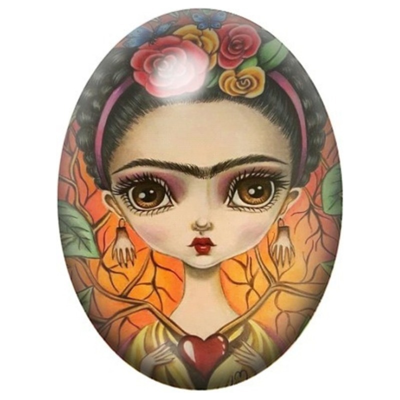 Cabochon en Verre Illustré Frida Kahlo aux Feuilles Orange 13x18, 18x25 ou 30x40mm