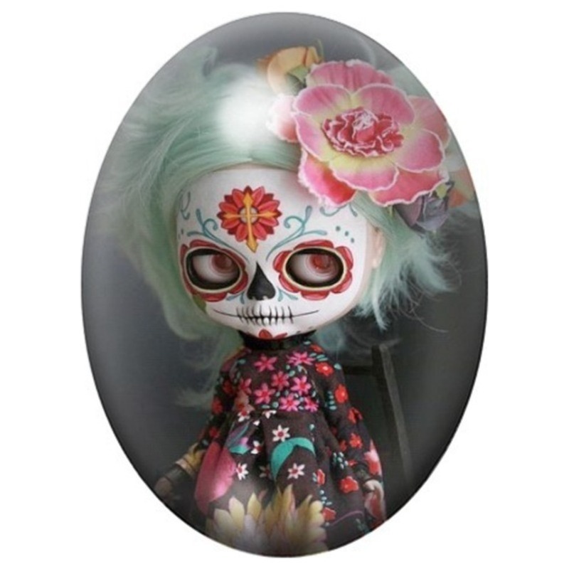 Cabochon en Verre Illustré Poupée Calavera Fleurie 13x18, 18x25 ou 30x40mm